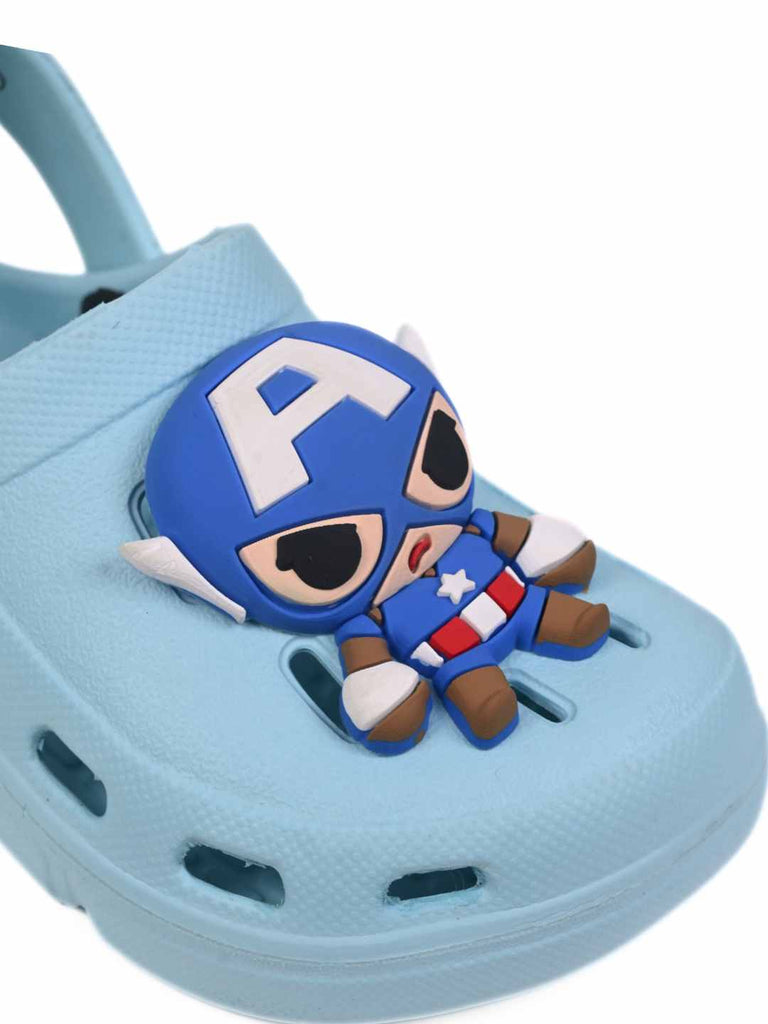 Yellow Bee Boy's Marvel Superhero Clogs with 3D Captain America Design - Blue - Close Up View
