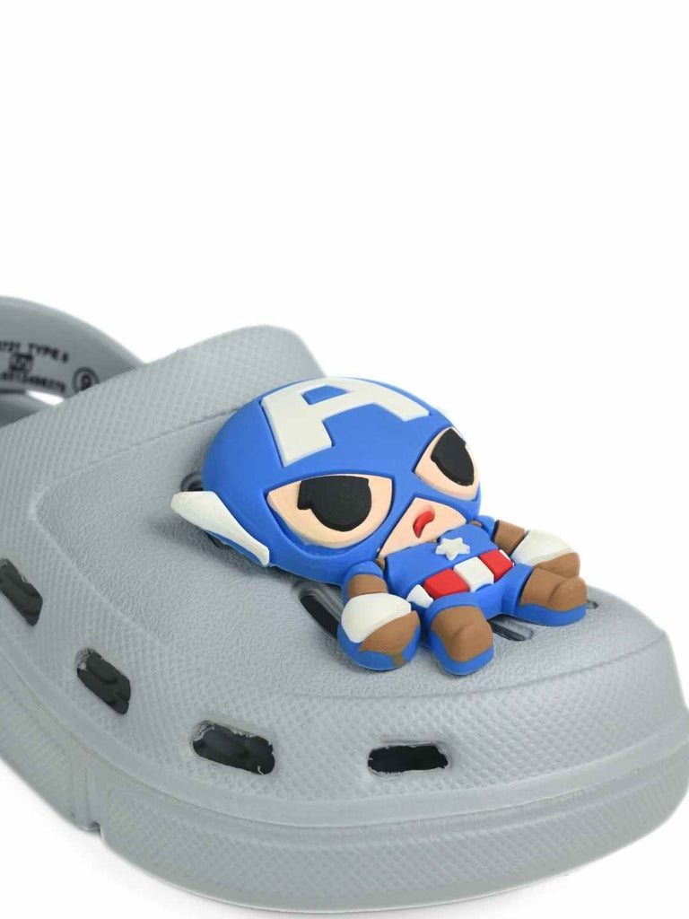 Yellow Bee Boy's Marvel Superhero Clogs with Captain America Charm- Grey - Close Up View