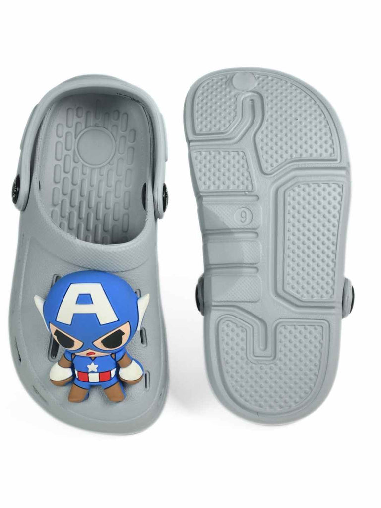 Yellow Bee Boy's Marvel Superhero Clogs with Captain America Charm- Grey - Front & Back View