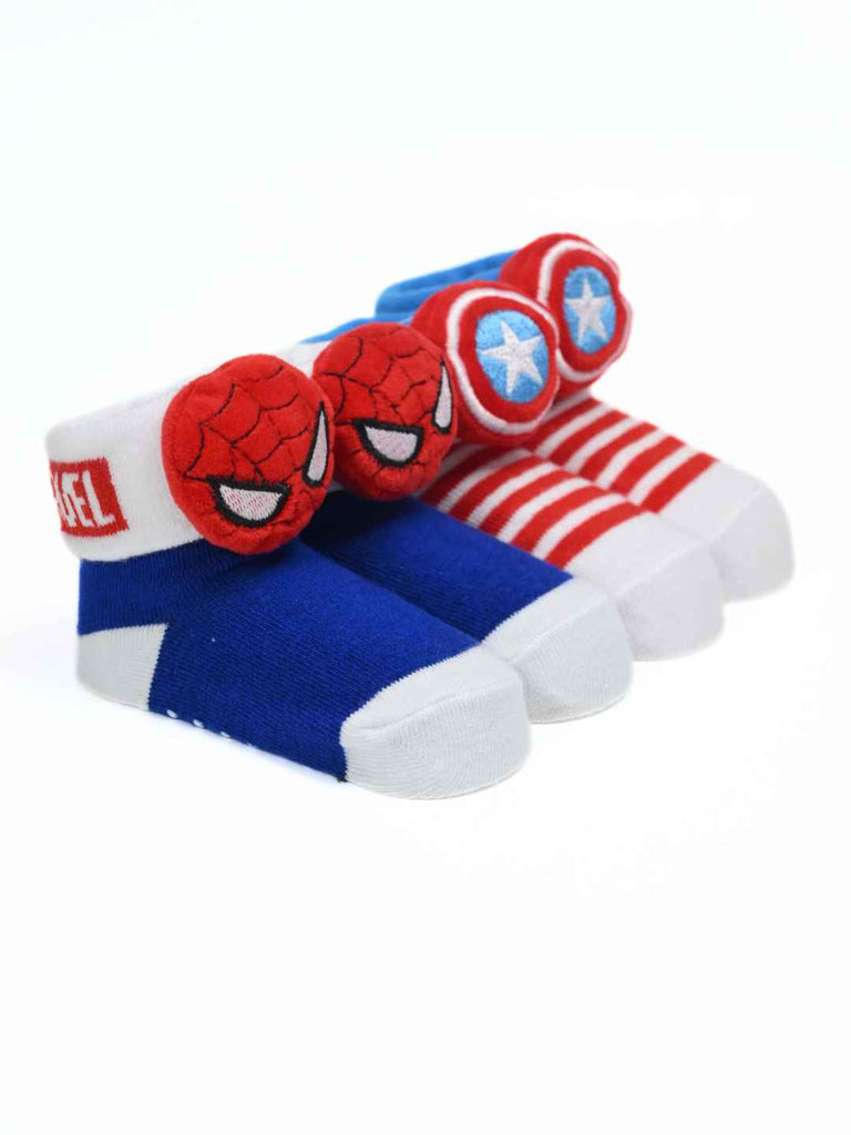 Yellow Bee Boy's Marvel Superhero  Spider-Man & Captain America Combo Socks- Blue & Red - Angle View
