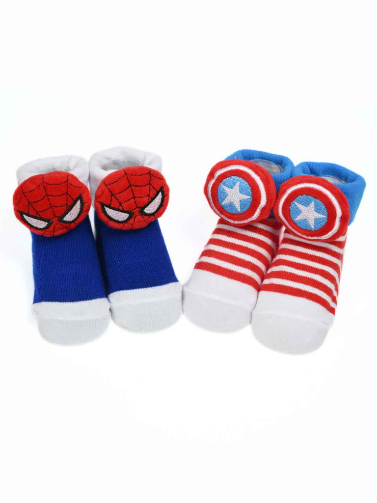 Yellow Bee Boy's Marvel Superhero  Spider-Man & Captain America Combo Socks- Blue & Red - Front View