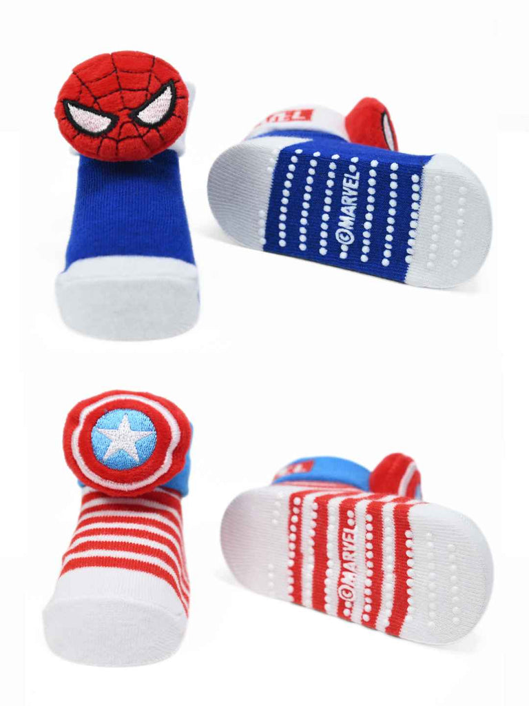 Yellow Bee Boy's Marvel Superhero  Spider-Man & Captain America Combo Socks- Blue & Red - Front & Back View