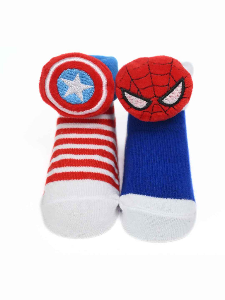 Yellow Bee Boy's Marvel Superhero  Spider-Man & Captain America Combo Socks- Blue & Red - Front Zoom View