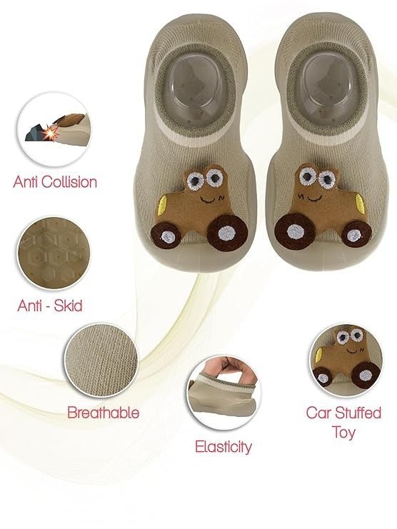 Detailed view of Yellow Bee Car Stuffed Toy Anti-Skid Rubber Sole Shoe Socks for Boys