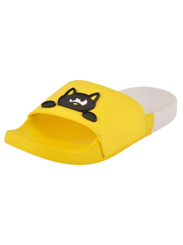 Girls' Sunny Yellow Slippers with Playful Fish and Cat Accents angle view