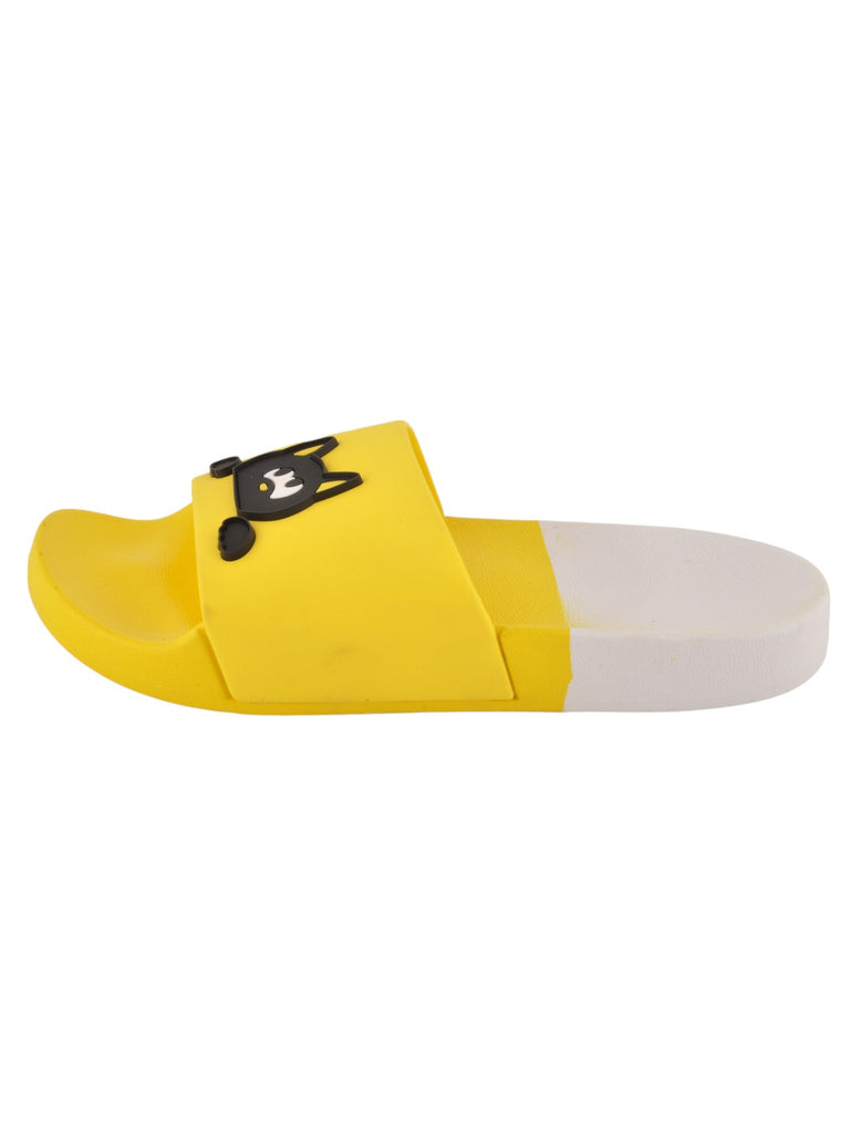 Girls' Sunny Yellow Slippers with Playful Fish and Cat Accents side view