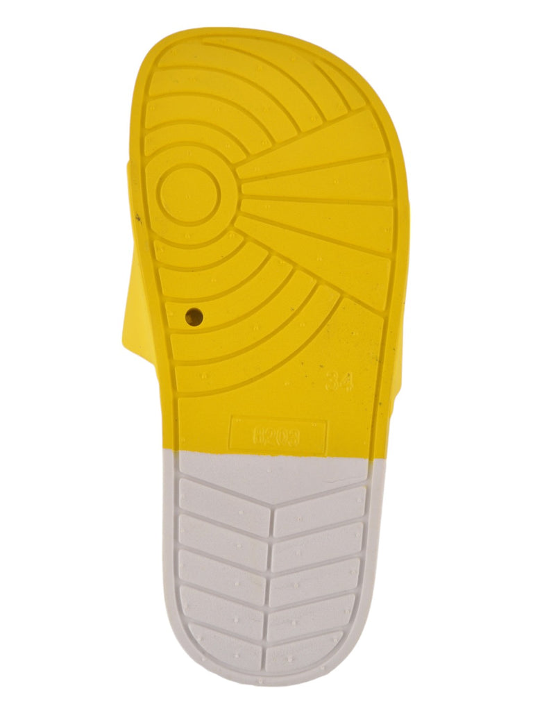 Girls' Sunny Yellow Slippers with Playful Fish and Cat Accents bottom view