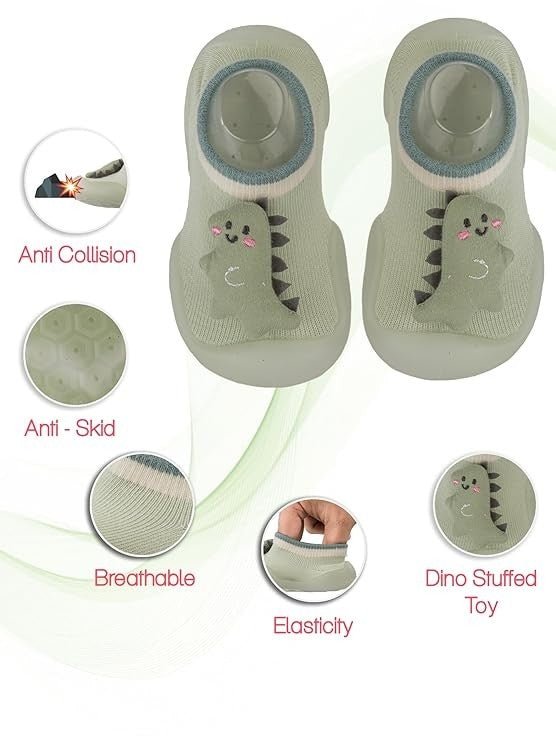 Detailed view of Yellow Bee Dino Stuffed Toy Anti-Skid Rubber Sole Shoe Socks for Boys.