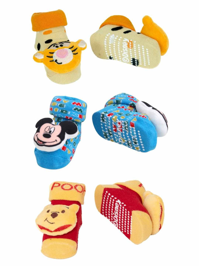 Yellow Bee Disney 3D Socks Combo – Pooh, Tigger & Mickey Mouse for Boys-Front & Back View
