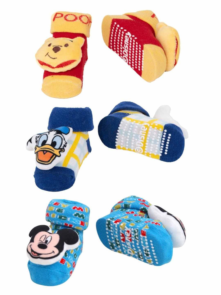 Yellow Bee Disney 3D Socks Combo – Mickey Mouse, Donald Duck & Winnie the Pooh for Boys- Front & Back View