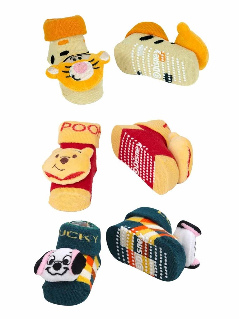 Yellow Bee Disney 3D Socks Set – Pooh, Tigger & Lucky 101 Dalmatians for Boys- Front & back View