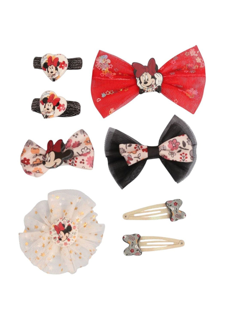Yellow Bee Disney Minnie Mouse Hair Styling Set for Girls –  Bow Clips and Bands Red & Black-Close up view