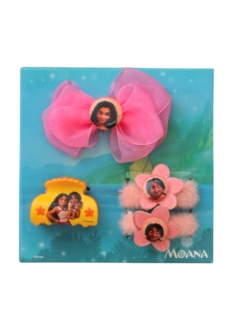 Yellow Bee Disney Moana Hair Accessories Set for Girls – Pink Bow, Claw Clip & Floral Hair Ties-Full Front View