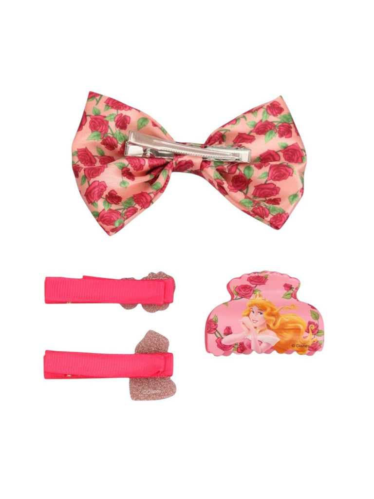 Yellow Bee Disney Princess Aurora Hair Accessory Set for Girls – Rose Bow, Clips & Claw Clip in Pink-Close up Back View