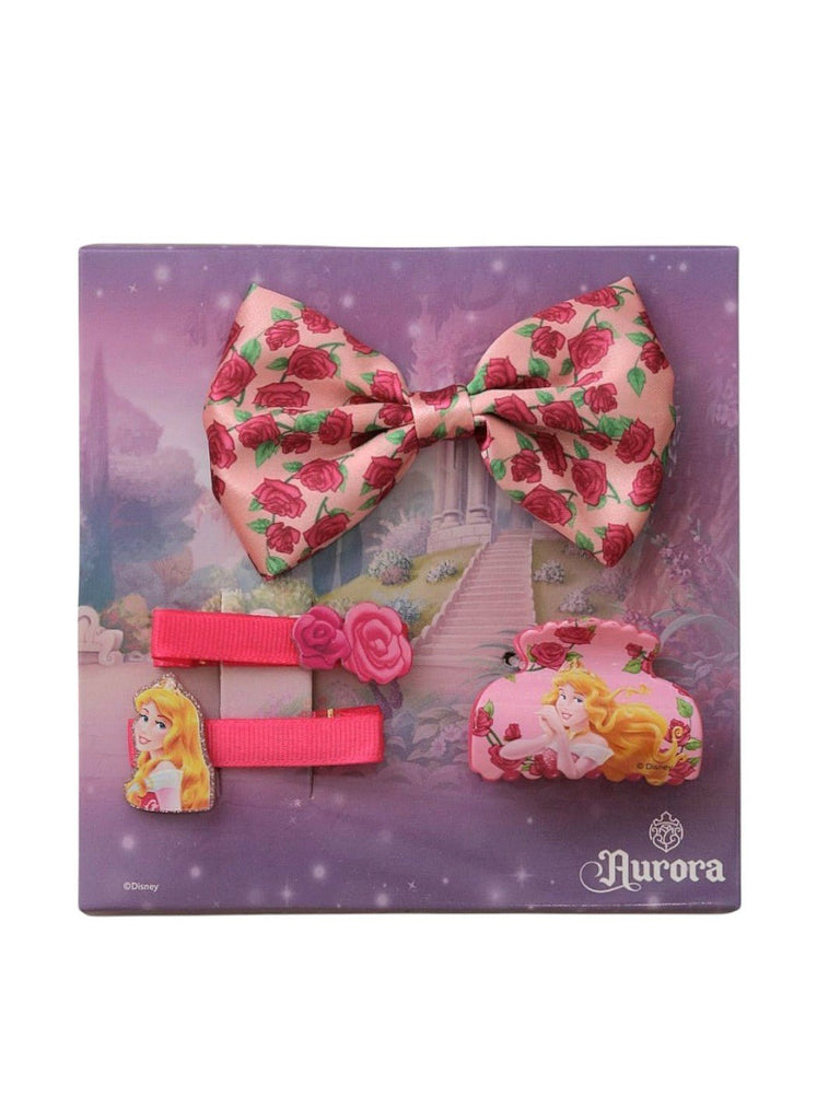 Yellow Bee Disney Princess Aurora Hair Accessory Set for Girls – Rose Bow, Clips & Claw Clip in Pink-Full Front View
