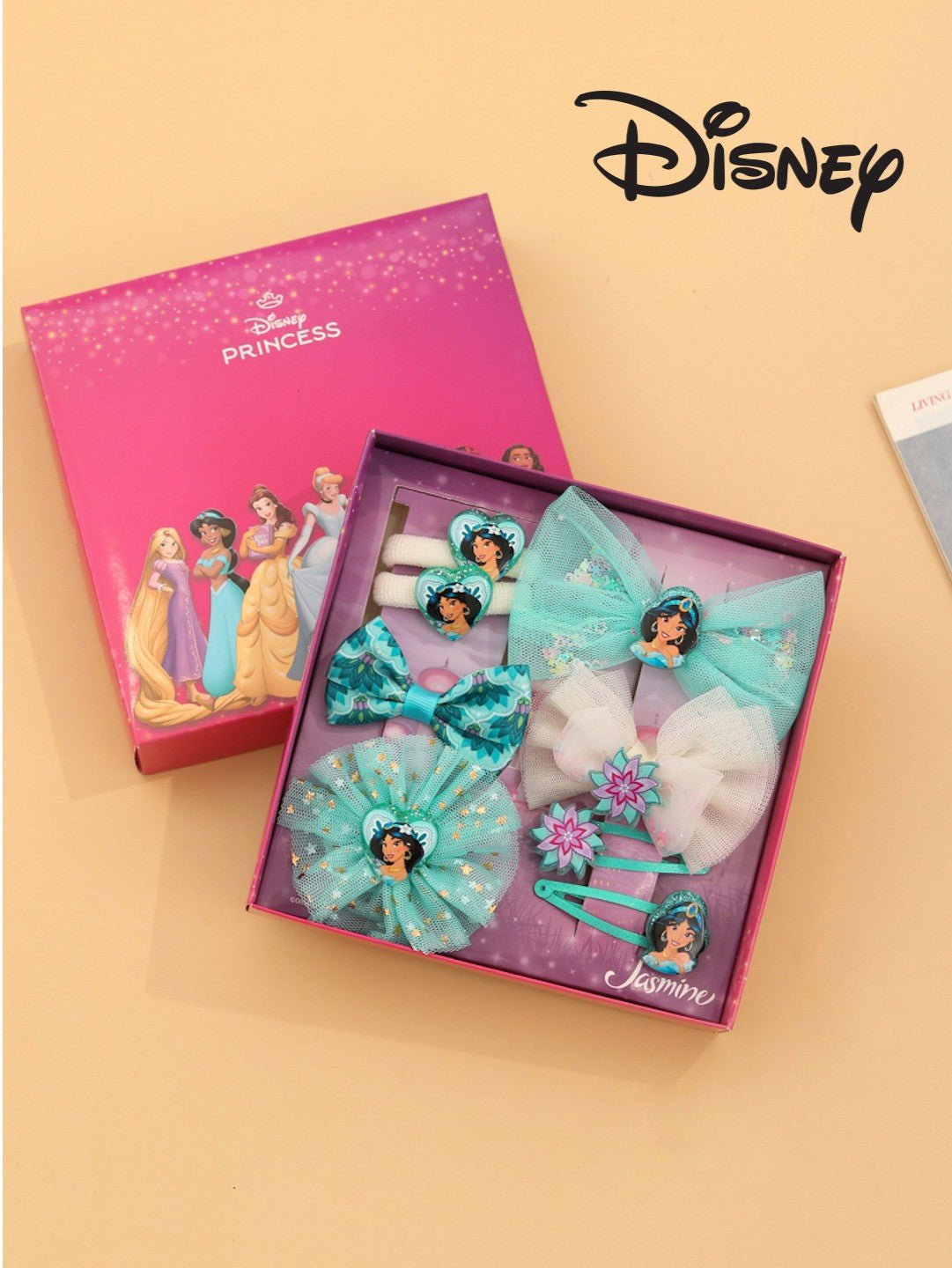 Yellow Bee Disney Princess Jasmine Hair Accessories Gift Set for Girls – Bows, Clips Bands in Aqua