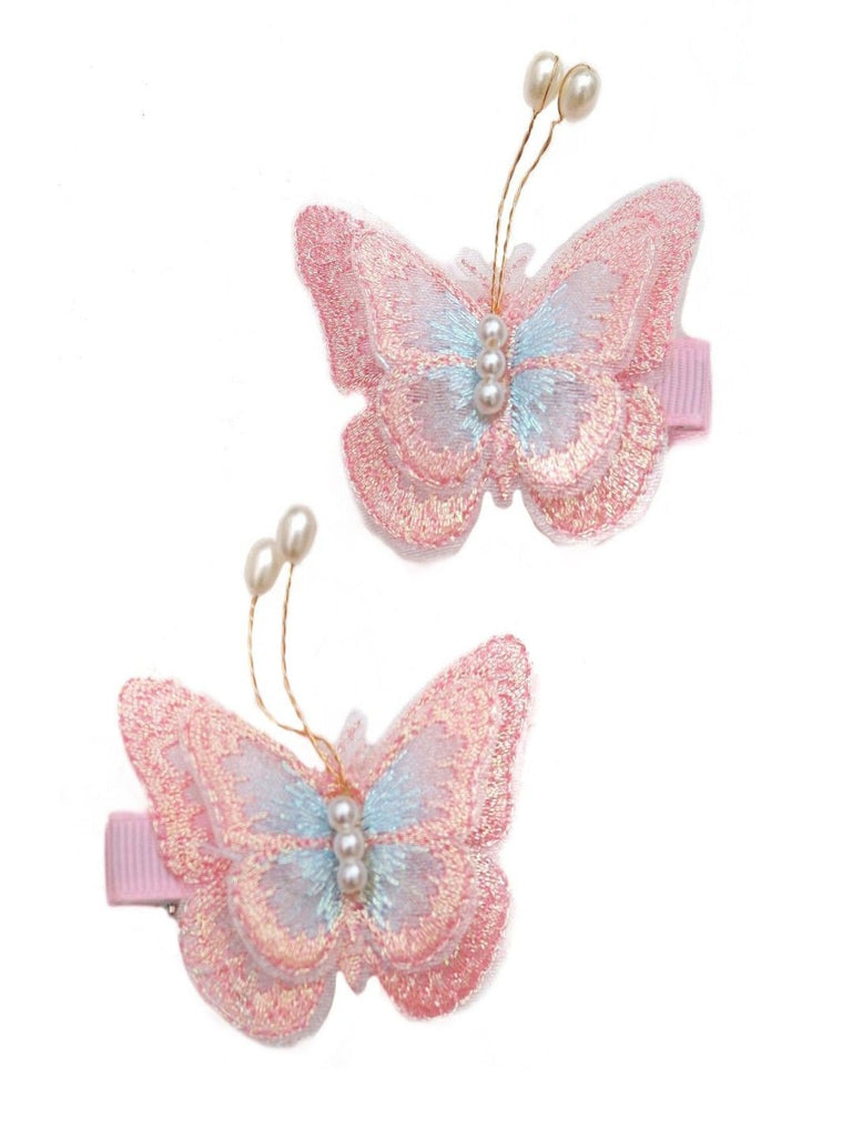 Elegant Pink Butterfly Hair Clips with Pearl Accents – Close-Up Detail View
