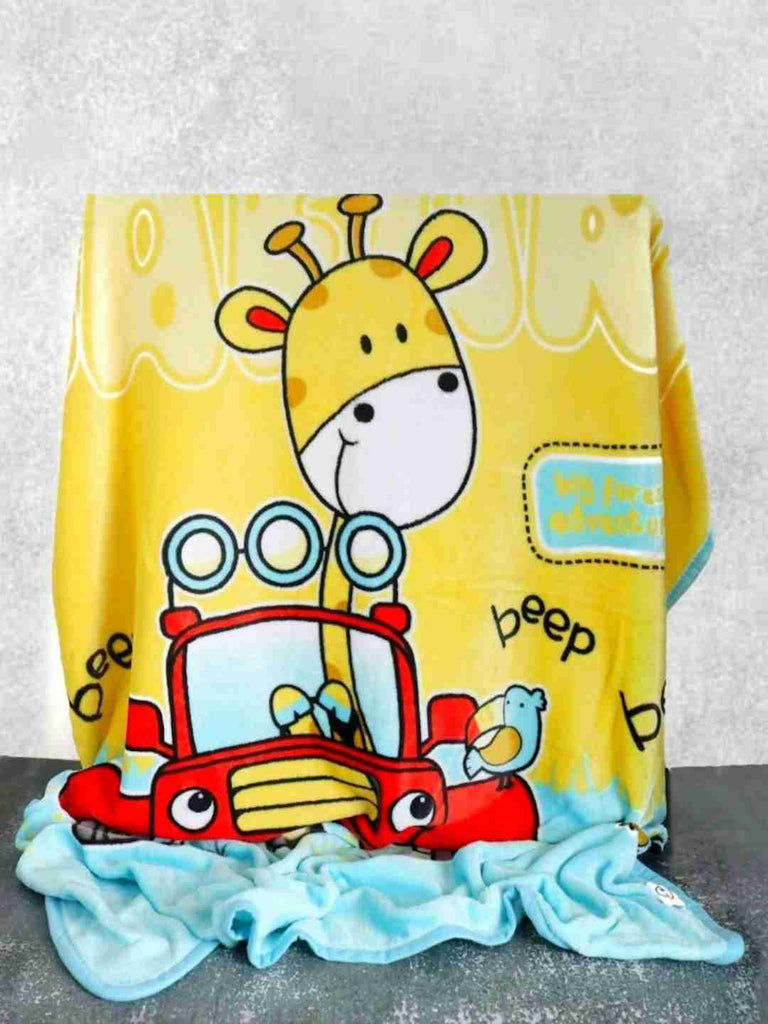 Vibrant Yellow Bee Giraffe Children's Blanket on Display..