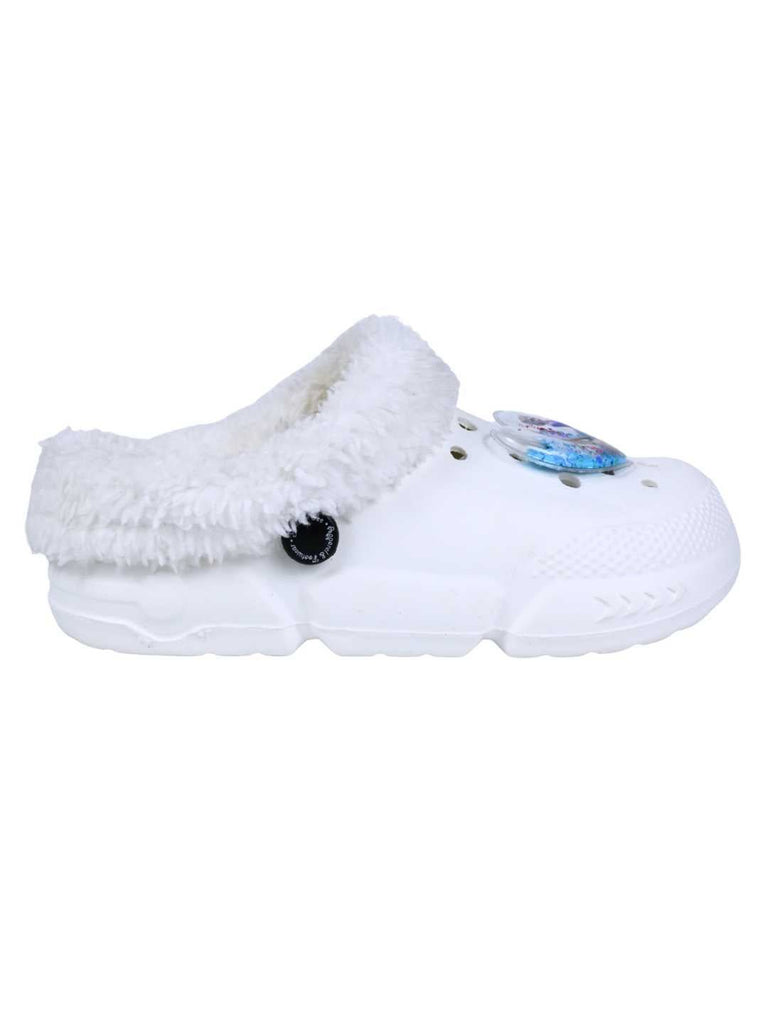 Yellow Bee Girls’ Disney Frozen Elsa & Anna Fur Lined Winter Clogs with Heart Interactive Sequins - White-Side View