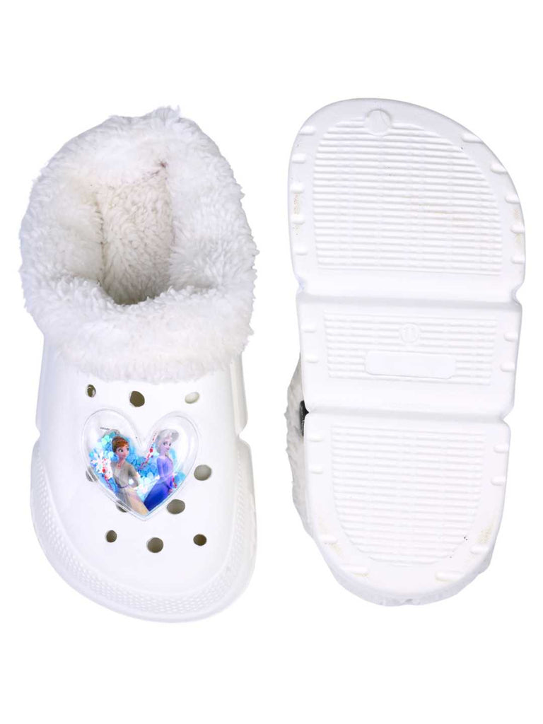 Yellow Bee Girls’ Disney Frozen Elsa & Anna Fur Lined Winter Clogs with Heart Interactive Sequins - White-Front & Back View