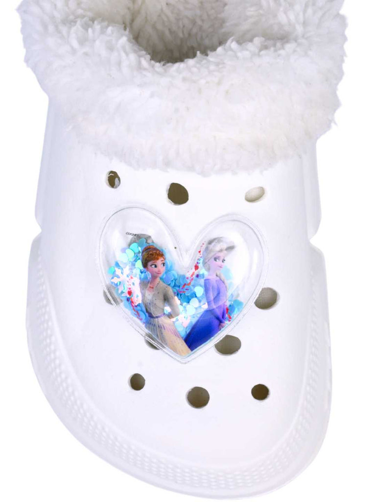 Yellow Bee Girls’ Disney Frozen Elsa & Anna Fur Lined Winter Clogs with Heart Interactive Sequins - White-Front View