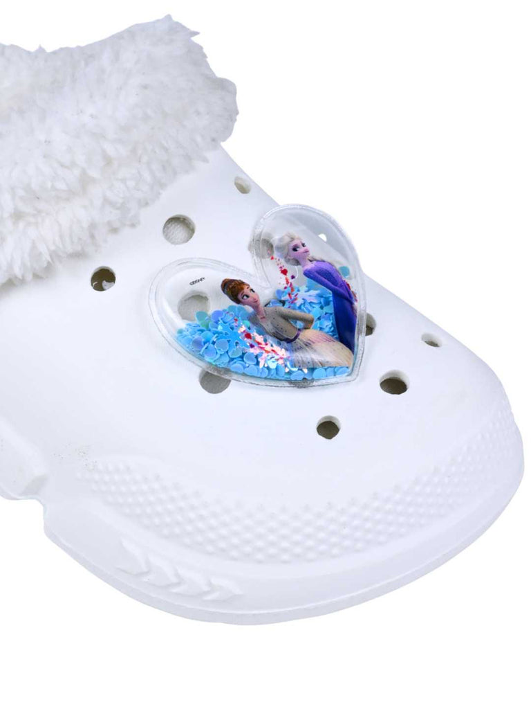 Yellow Bee Girls’ Disney Frozen Elsa & Anna Fur Lined Winter Clogs with Heart Interactive Sequins - White-Close up view