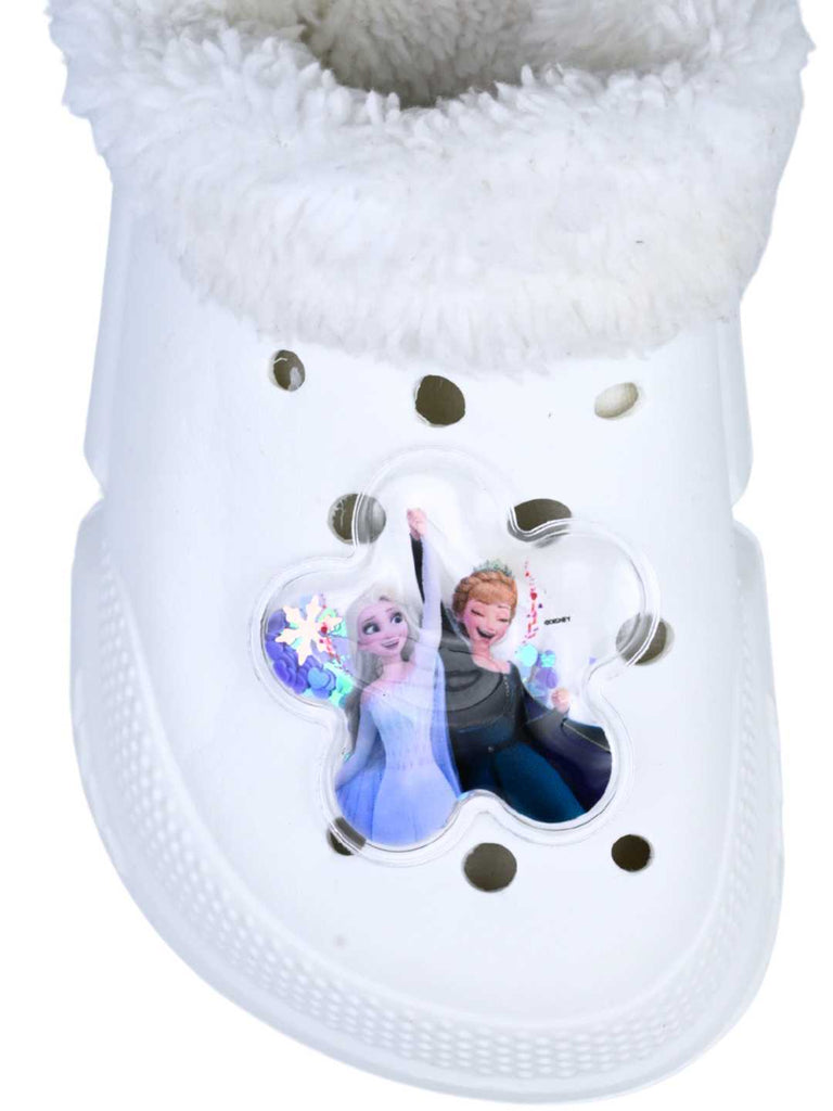 Yellow Bee Girl's Disney Frozen Elsa & Anna Fur Lined Winter Clogs with Interactive Sequins - White- Front View