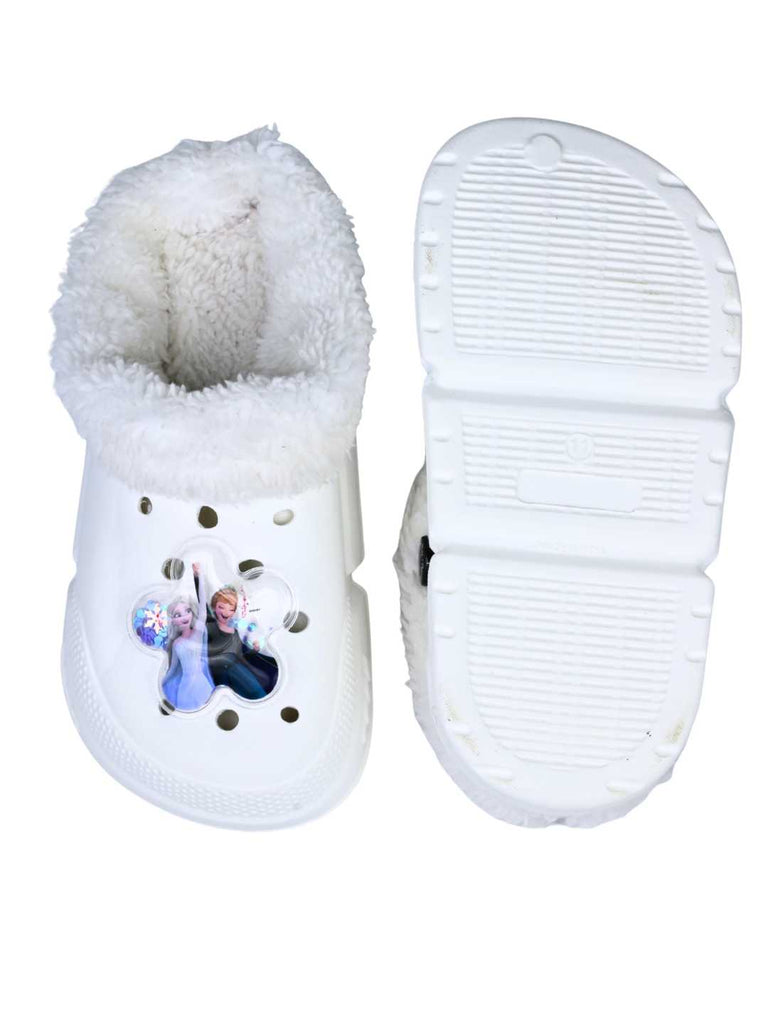 Yellow Bee Girl's Disney Frozen Elsa & Anna Fur Lined Winter Clogs with Interactive Sequins - White- Front  & Back View