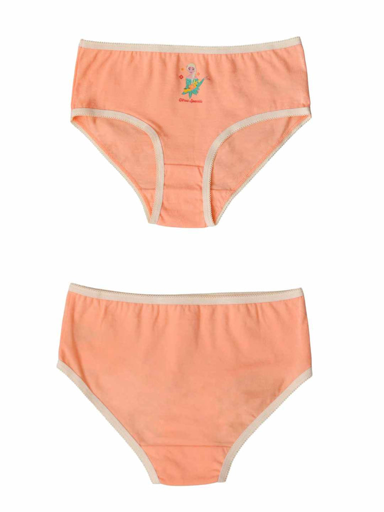 Peach Disney Frozen girls’ cotton brief with Elsa graphic, front and back views.