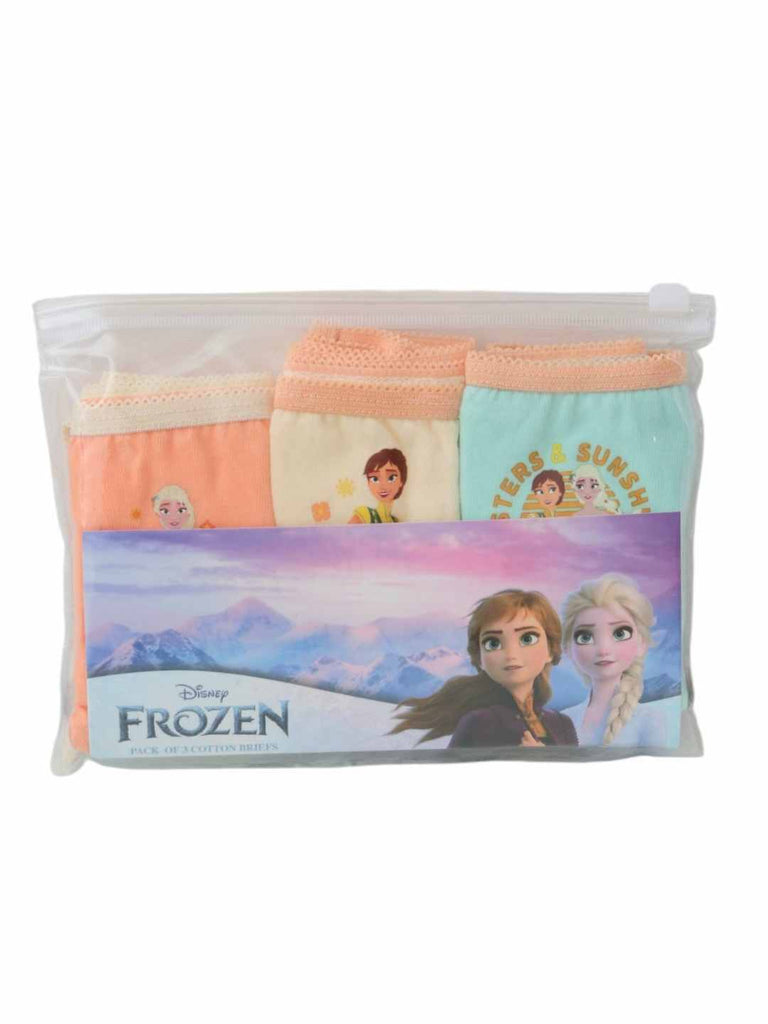 Disney Frozen 3‑pack girls’ underwear in a clear zip pouch, front packaging with Elsa and Anna artwork.