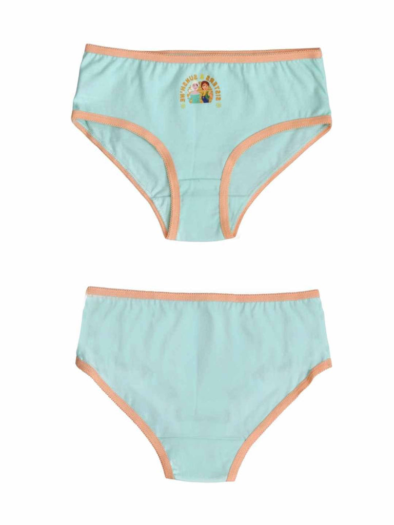 Mint Disney Frozen girls’ cotton brief with “Sisters & Sunshine” print, front and back views.