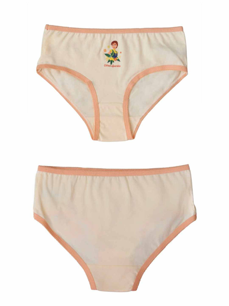 Cream Disney Frozen girls’ cotton brief with Anna graphic, front and back views.
