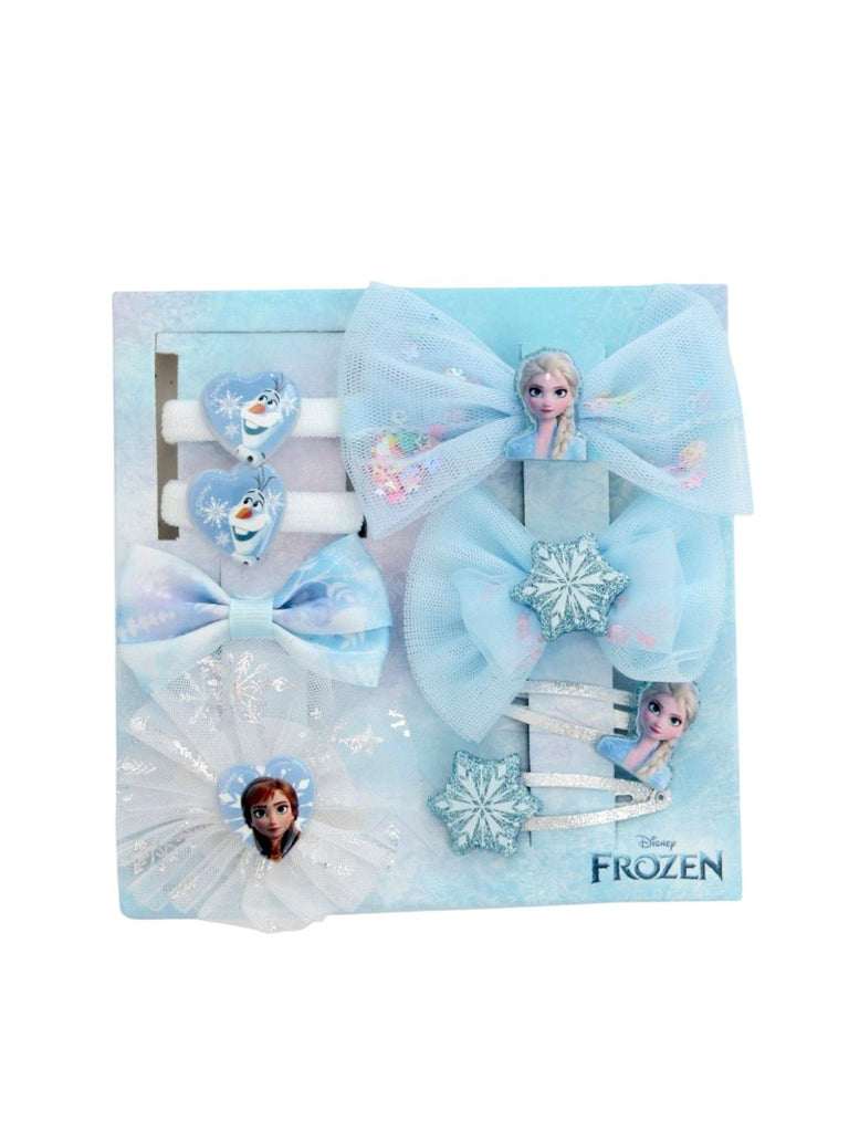 Yellow Bee Girls Disney Frozen Elsa Hair Accessories Gift Set for Girls – Bows, Clips & Bands in Blue and Silver-Close up Front View