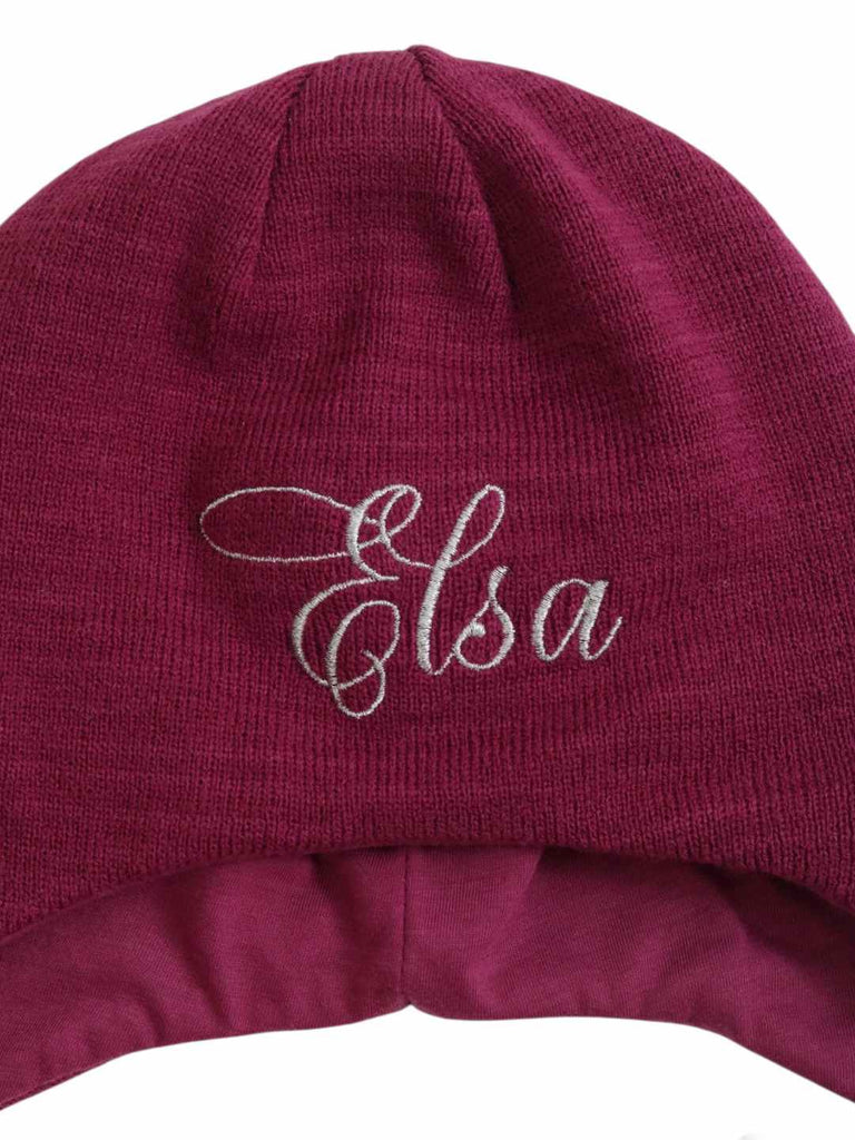 Yellow Bee Girl's Disney Frozen Elsa Winter Earflap Hat- Purple- front close up view