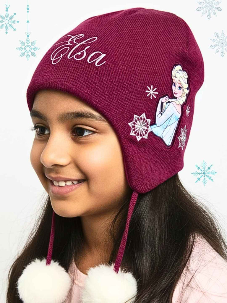 Yellow Bee Girl's Disney Frozen Elsa Winter Earflap Hat- Purple - Model View