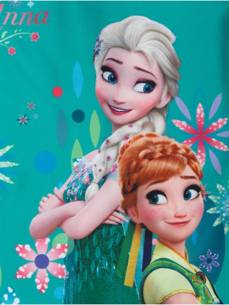 Yellow Bee Girls’ Disney Frozen One-Piece Swimsuit – Elsa & Anna Print in Green-Showing Design