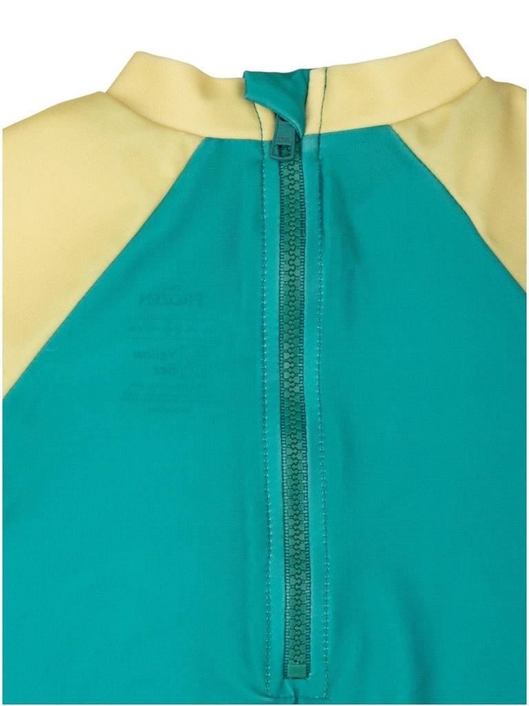 Yellow Bee Girls’ Disney Frozen One-Piece Swimsuit – Elsa & Anna Print in Green-Back Close Up View