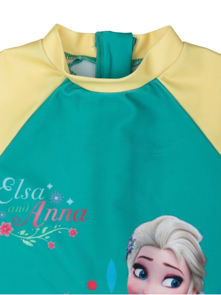Yellow Bee Girls’ Disney Frozen One-Piece Swimsuit – Elsa & Anna Print in Green-Front Close Up View