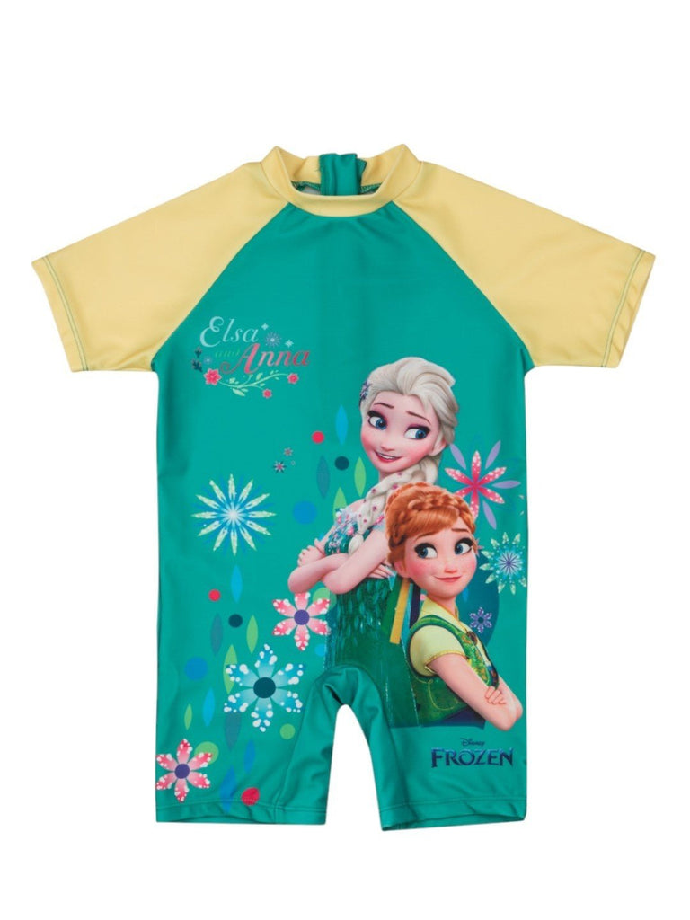Yellow Bee Girls’ Disney Frozen One-Piece Swimsuit – Elsa & Anna Print in Green-Front View