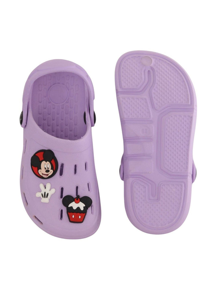 Yellow Bee Girls’ Disney Mickey & Minnie Mouse Clogs with Cupcake, Bow & Glove Charms – Purple-Front & Back View