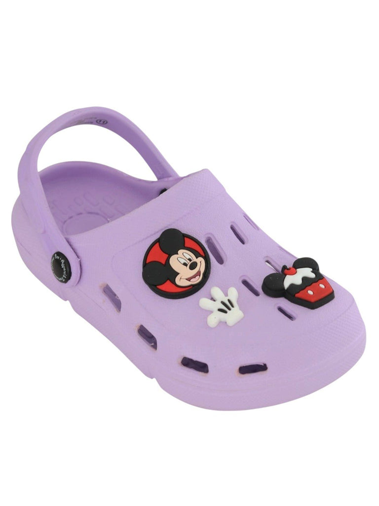 Yellow Bee Girls’ Disney Mickey & Minnie Mouse Clogs with Cupcake, Bow & Glove Charms – Purple-Angle View