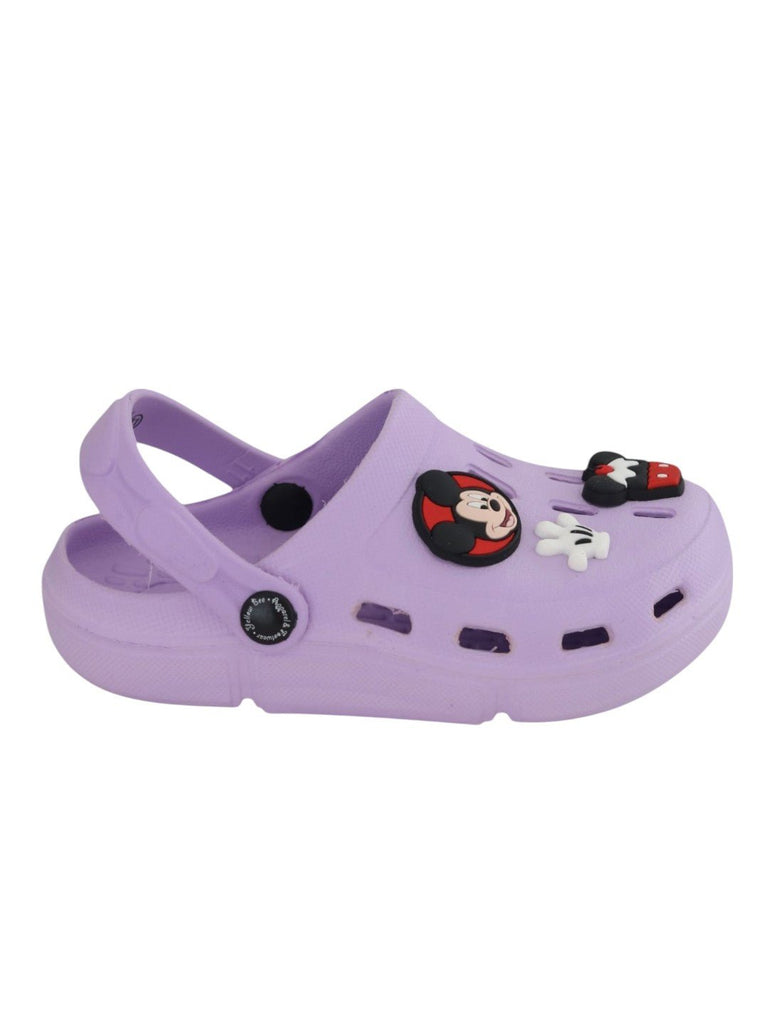 Yellow Bee Girls’ Disney Mickey & Minnie Mouse Clogs with Cupcake, Bow & Glove Charms – Purple-Side View