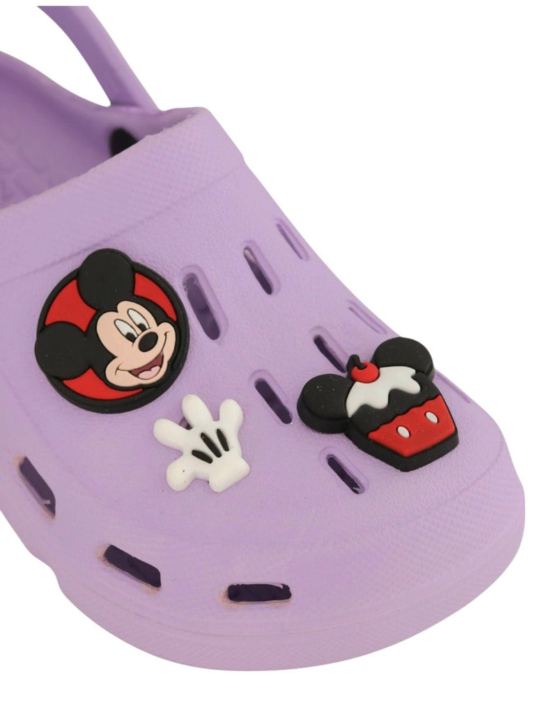 Yellow Bee Girls’ Disney Mickey & Minnie Mouse Clogs with Cupcake, Bow & Glove Charms – Purple-Close up view