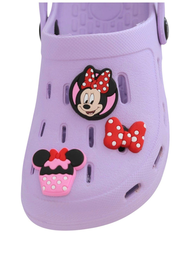 Yellow Bee Girls’ Disney Mickey & Minnie Mouse Clogs with Cupcake, Bow & Glove Charms – Purple-Front View