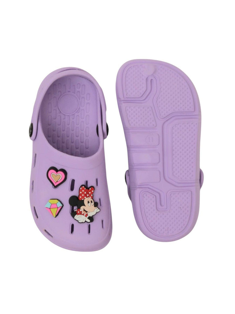 Yellow Bee Girls’ Disney Minnie & Daisy Clogs with Heart & Gem Charms – Purple-Front and Back View