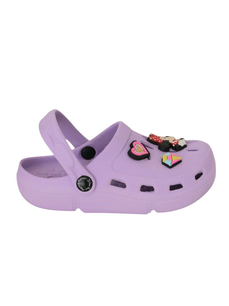 Yellow Bee Girls’ Disney Minnie & Daisy Clogs with Heart & Gem Charms – Purple-Side View