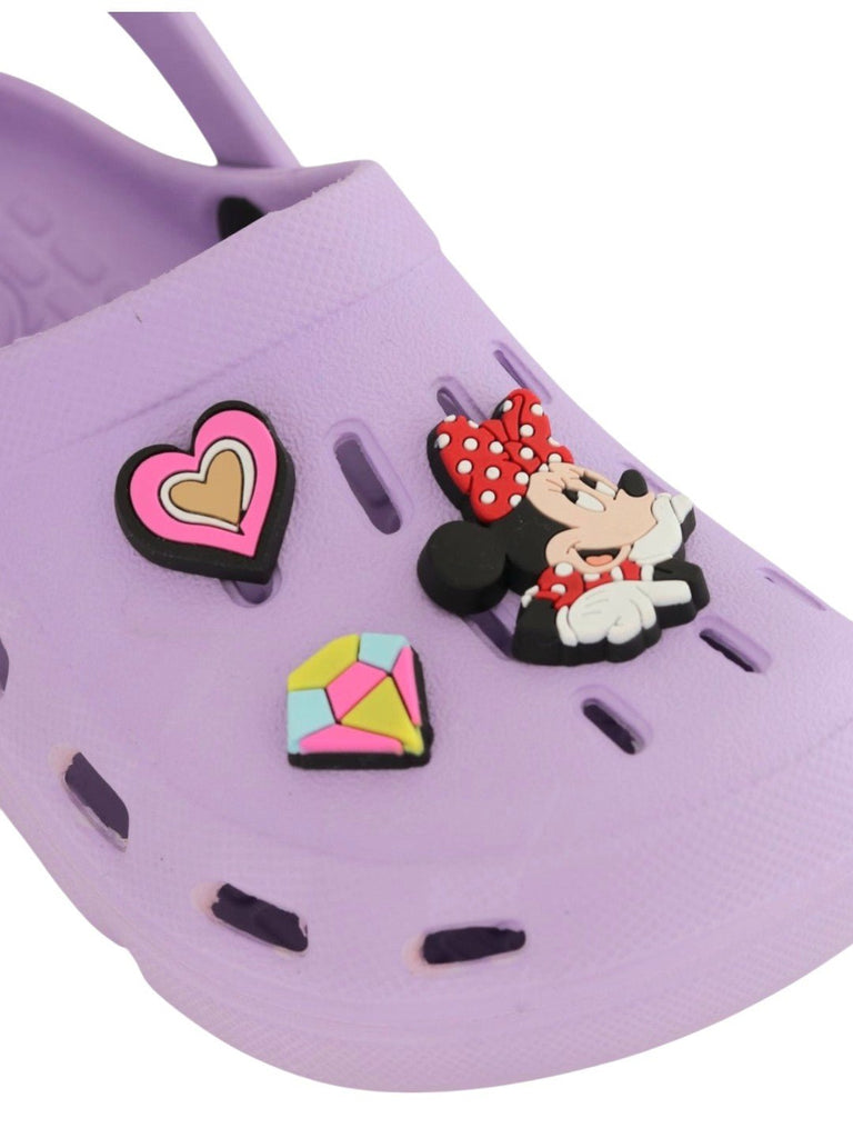 Yellow Bee Girls’ Disney Minnie & Daisy Clogs with Heart & Gem Charms – Purple-Closeup View
