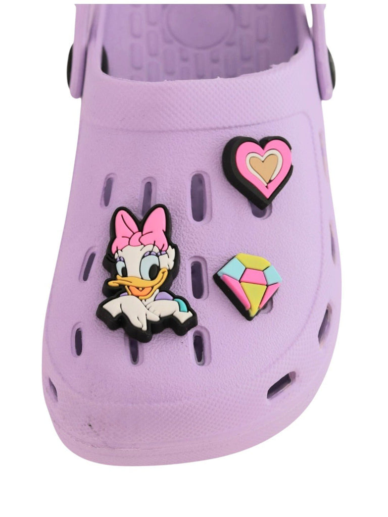 Yellow Bee Girls’ Disney Minnie & Daisy Clogs with Heart & Gem Charms – Purple-Front View