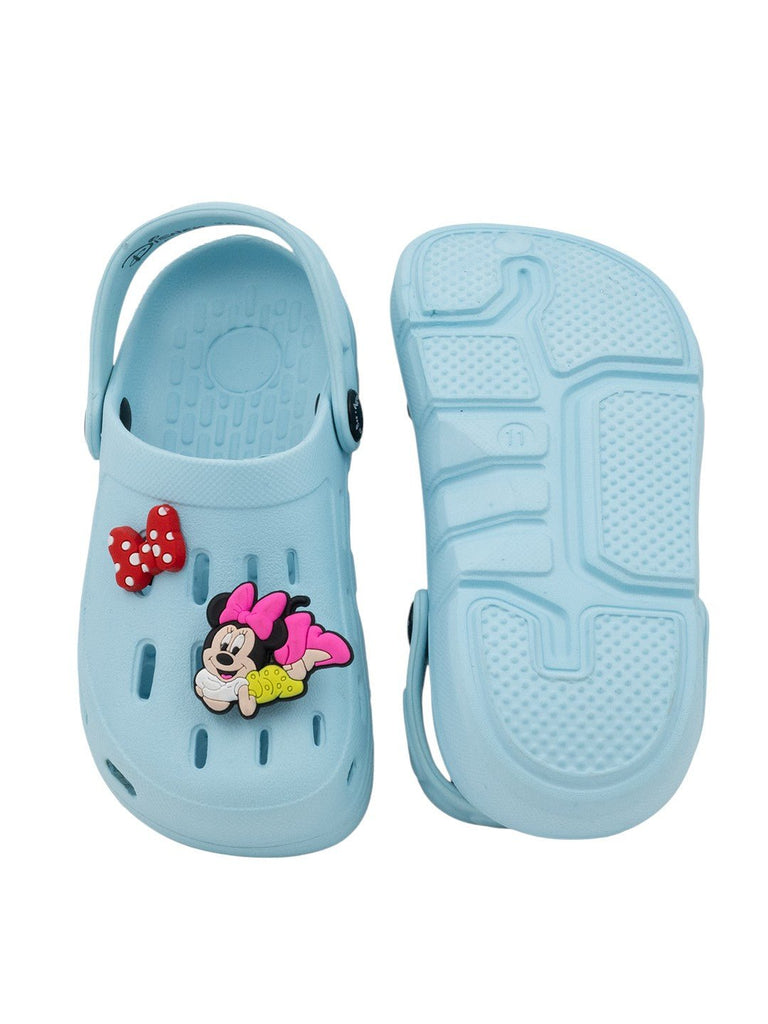 Yellow Bee Girls’ Disney Minnie Mouse Clogs with 3D Character & Bow Charms – Light Blue-Front & Back View