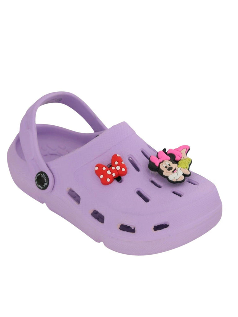 Yellow Bee Girls' Disney Minnie Mouse Clogs with Bow and Rotating 3D Charms- Purple-Angle View